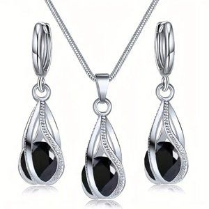 3pcs Black Zircon Jewelry Set, Earrings Plus Necklace